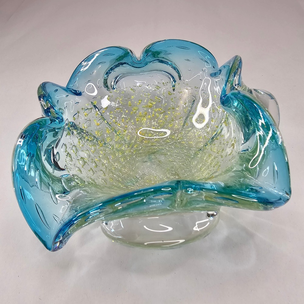 Murano Style‎ Art Glass Bowl Turquoise Gold Fleck Center Ruffled Edge